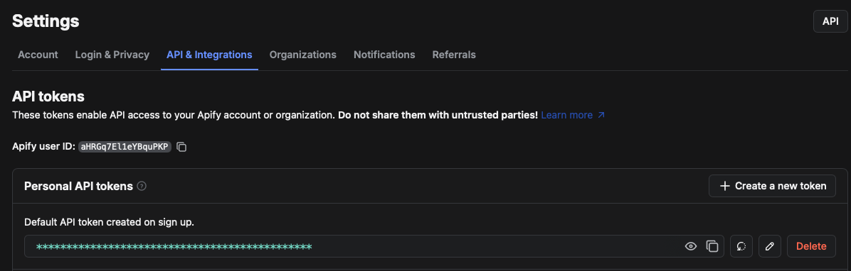 Apify API Key Location