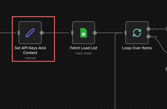 Set API Keys And Context node configuration