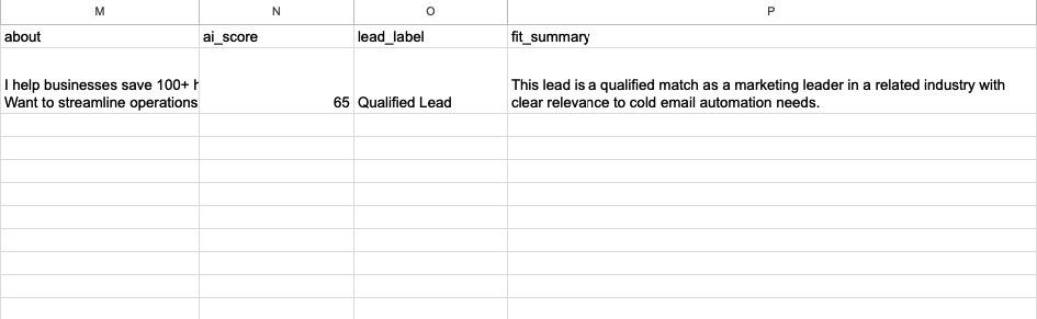 Google Sheets results with lead scores and fit summaries