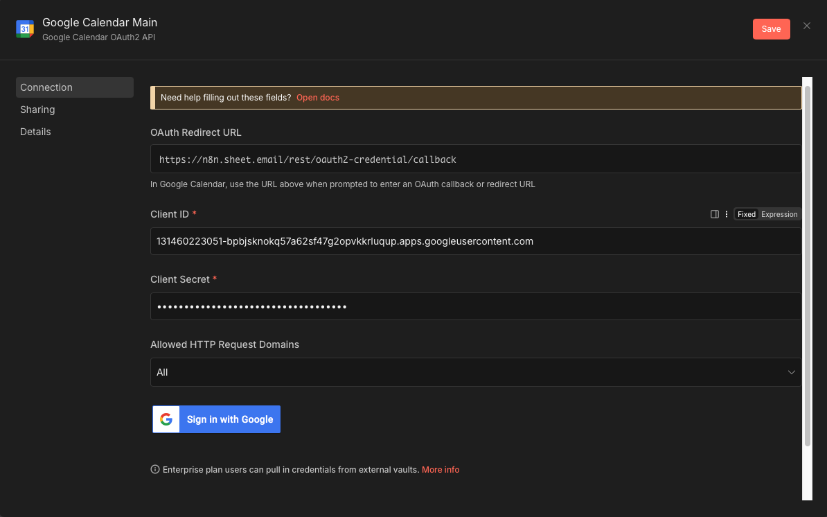 OAuth credentials setup screen