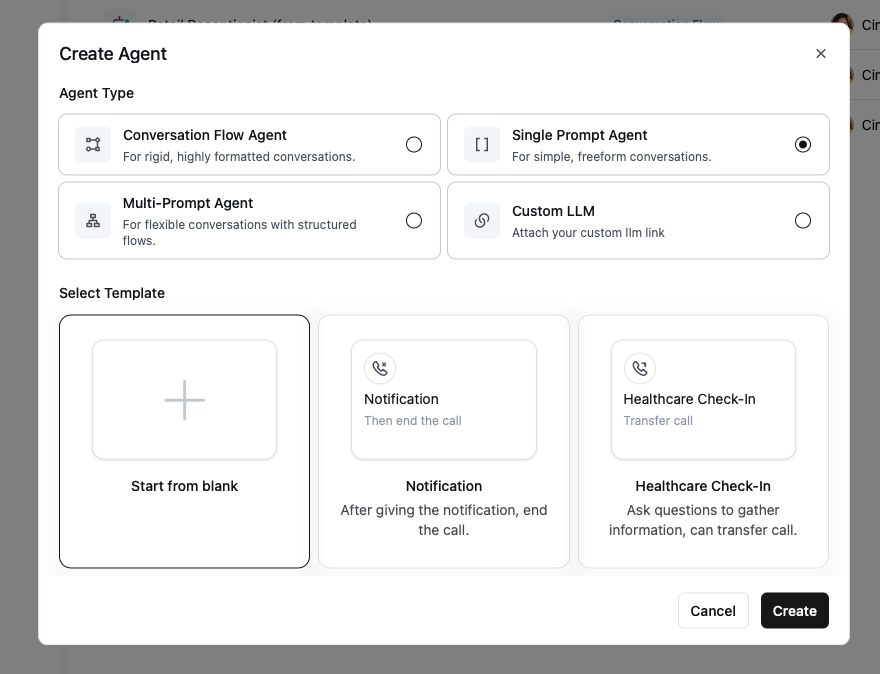 Create Agent Screen